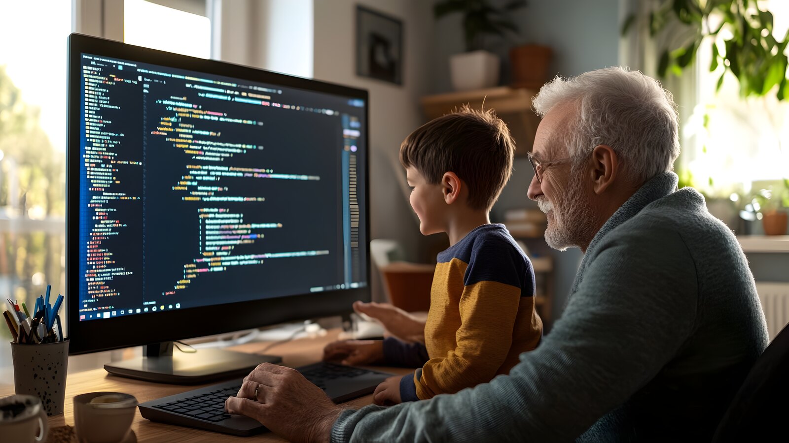 An older man and a young boy at a desk looking at colorful code on a monitor. VirtualWorks is built so anyone can build with AI, at any age, from any starting point.